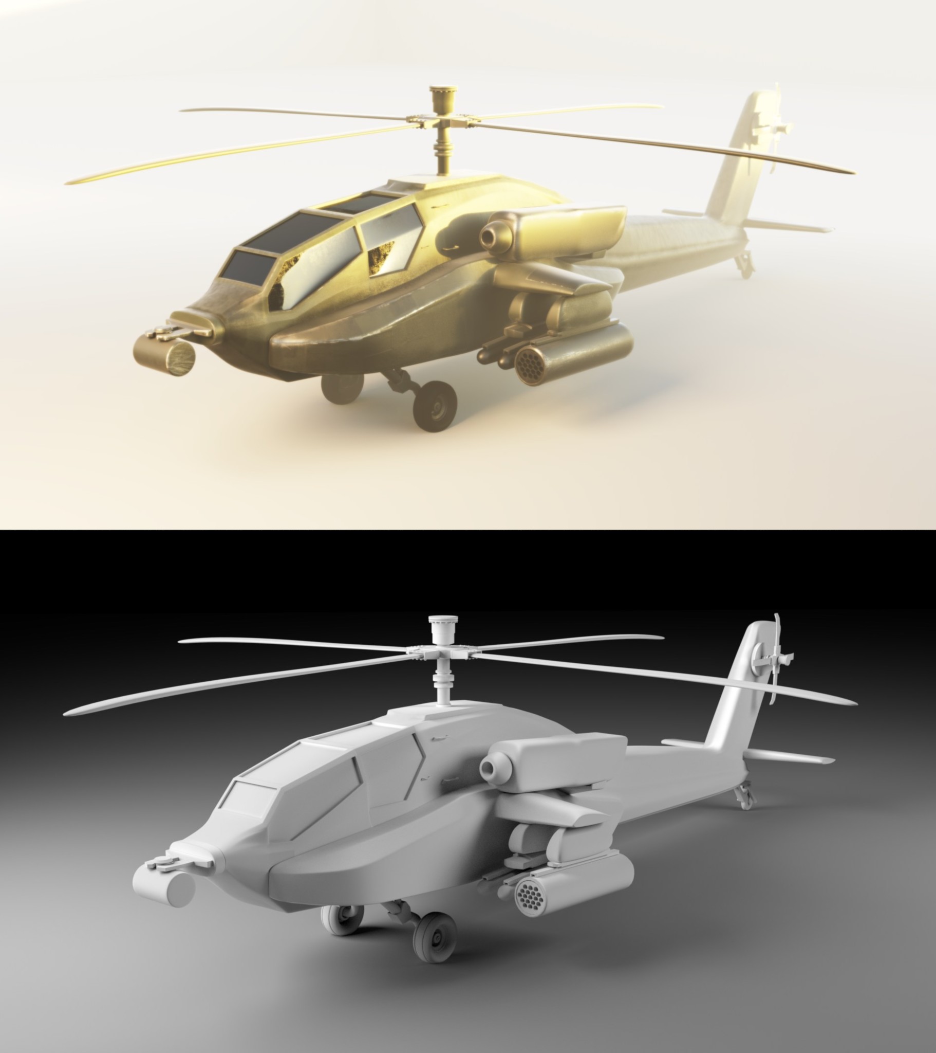 čistý model vs. plný render s materiálmi a svetlom